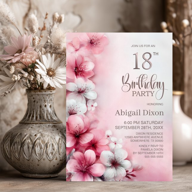 Convite Festa de Aniversário de 18 Anos com Flores Rosa e  (Criador carregado)