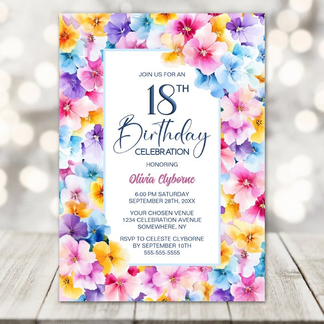 Convite Festa de Aniversário de 18 Anos com Flores Rosa e  (Criador carregado)