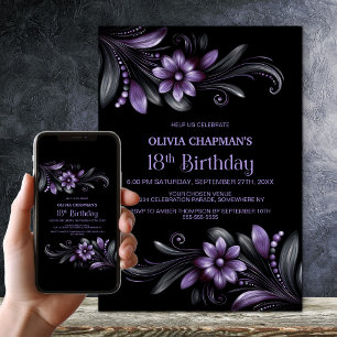 Convite Festa de Aniversário de 18 Anos Floral Roxo Preto