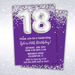 Convite Festa de Aniversário de 18 anos Roxo Prata