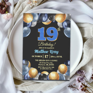 Convite Festa de Aniversário de 19 Anos Azul Prata Dourado