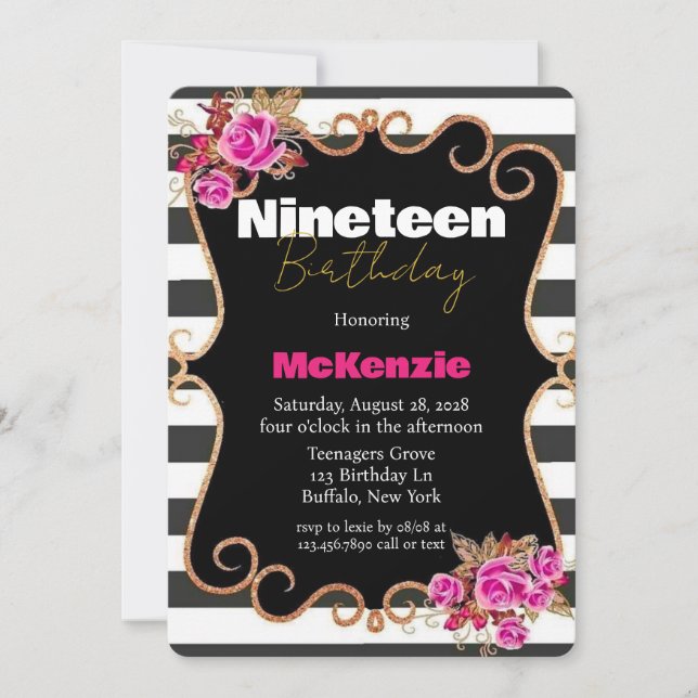 Convite Festa de Aniversário de 19 Anos da Menina com Rosa (Frente)