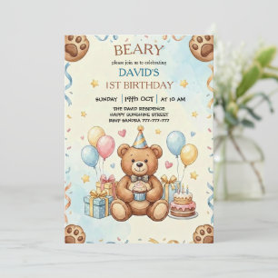 Convite Festa de Aniversário de 1 Ano Boho Teddy Bear Bear