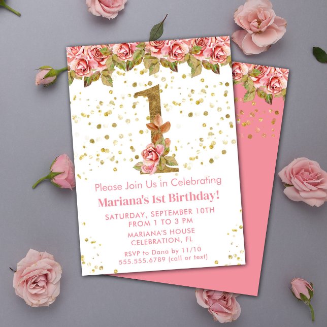 Convite Festa de Aniversário de 1 Ano com Rosas Florais Ro (Criador carregado)