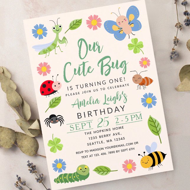 Convite Festa de Aniversário de 1 ano Cute Bug Ladybug But (Criador carregado)