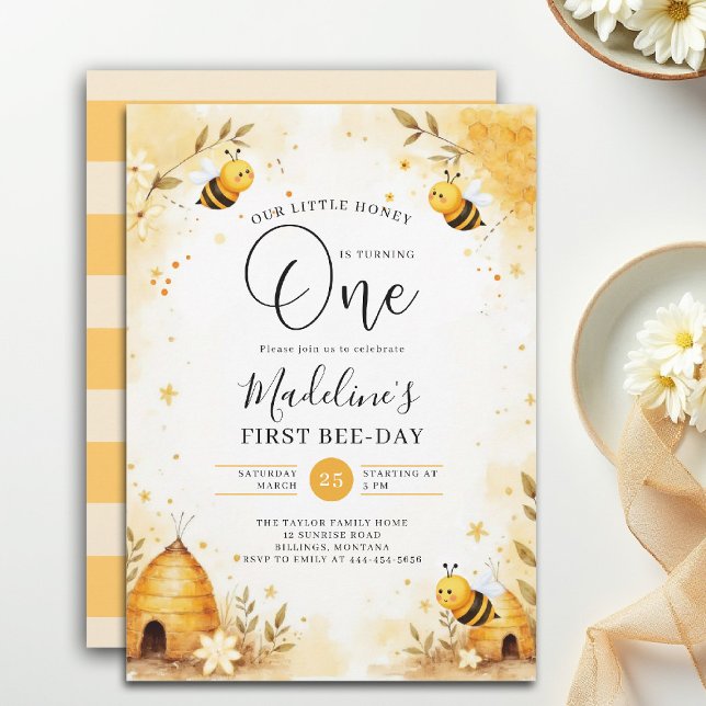Convite Festa de Aniversário de 1 Ano da Abelha Mel - Flor (little honey bee one first birthday party invitation floral watercolor summer art painting)