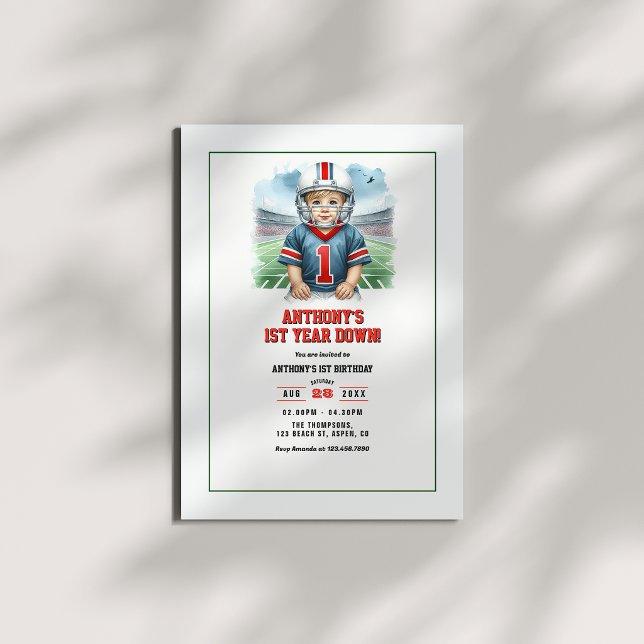 Convite Festa de Aniversário de 1 Ano de Futebol First Yea (First Year Down Football 1st Birthday Party Invitation)