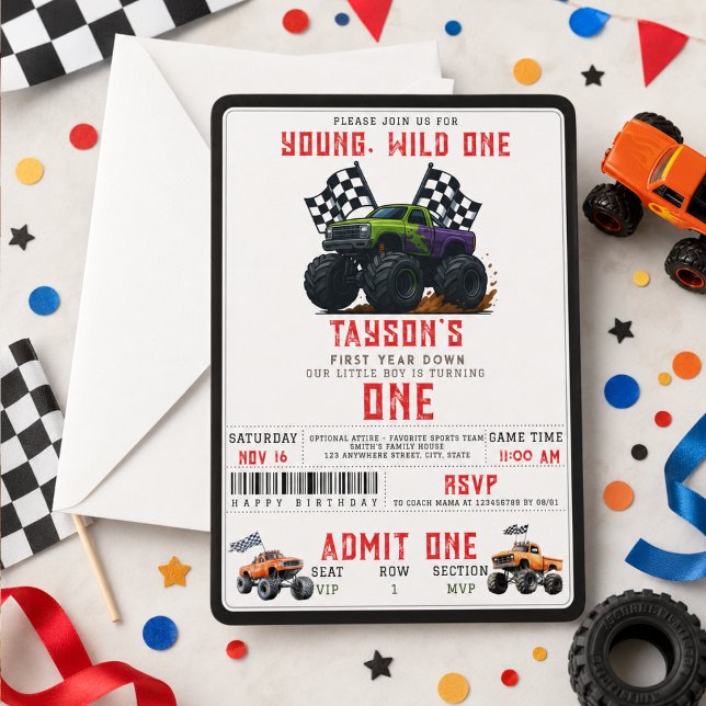 Convite Festa de Aniversário de 1 Ano de Monster Trucks Mo (Modern Monster Trucks 1st Birthday Party Invitation
)
