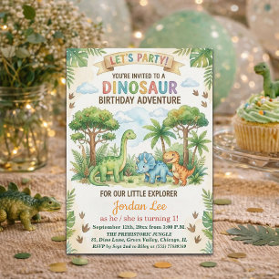 Convite Festa de Aniversário de 1 ano Dinossauros Aquarela
