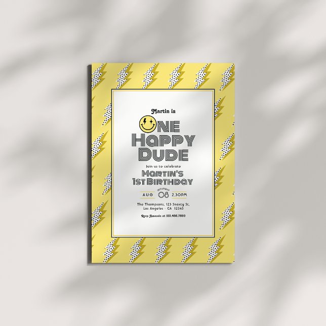 Convite Festa de Aniversário de 1 Ano do Cara Feliz Retro (One Happy Dude Retro 1st Birthday Party Invitation)