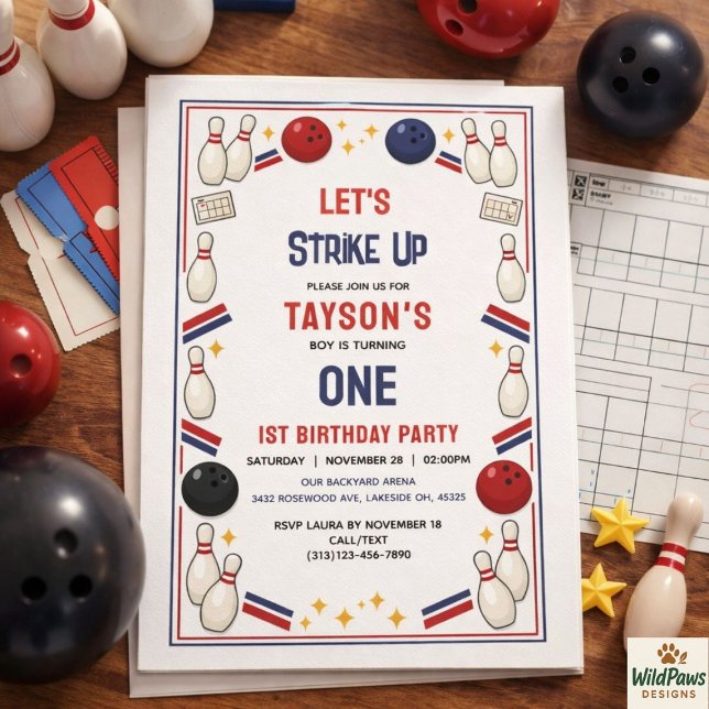 Convite Festa de Aniversário de 1 ano do Retro Bowling – C (Retro Bowling 1st Birthday Party – Fun Kids Invitation
)
