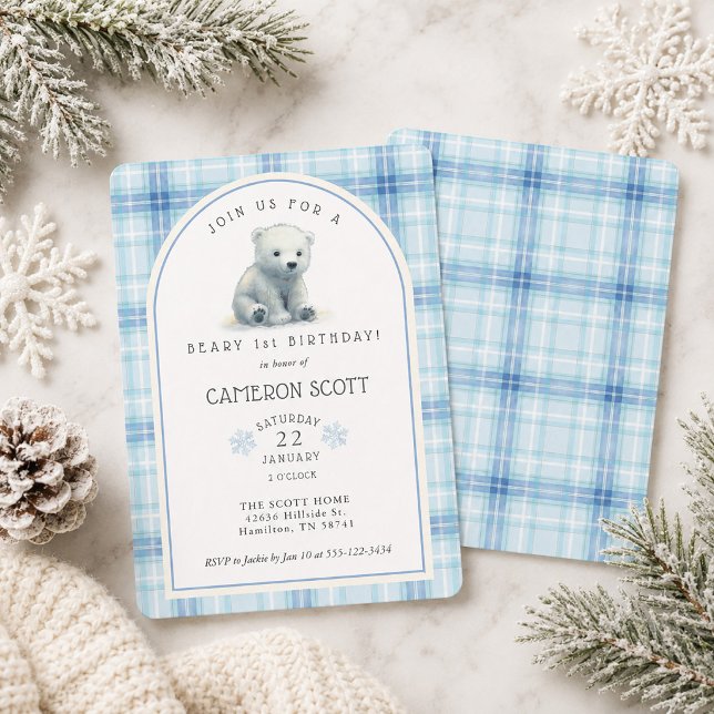 Convite Festa de Aniversário de 1 Ano do Urso Polar Fofo d (Winter Cute Polar Bear Beary 1st Birthday Party Invitation)