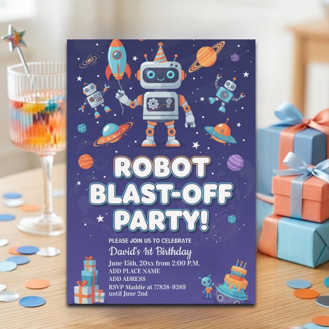 Convite Festa de Aniversário de 1 ano dos Robôs no Espaço (Criador carregado)