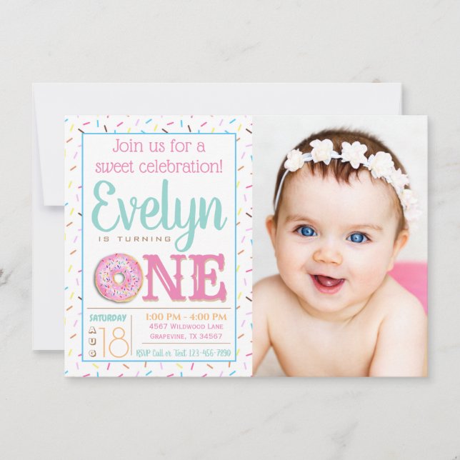 Convite Festa de Aniversário de 1 Ano Menina Donut Foto (Frente)