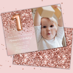 Convite Festa de Aniversário de 1 Ano Menina Rose Gold Fot