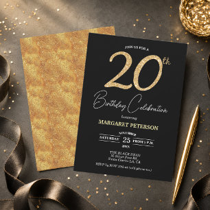 Convite Festa de Aniversário de 20 anos com Brilho Preto E