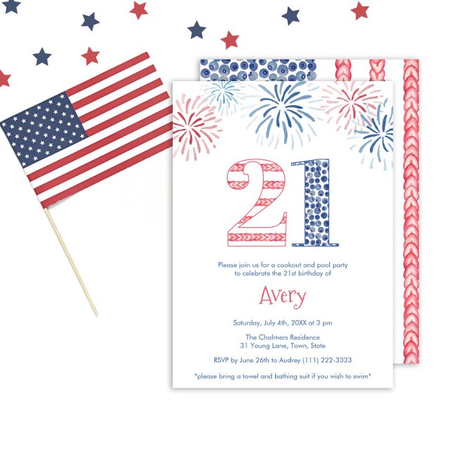 Convite Festa de Aniversário de 21 Anos ao Ar Livre com Ro (A fun summer-inspired red white and blue 21st birthday party invitation card design)