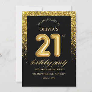 Convite Festa de Aniversário de 21 anos com Brilho Preto e