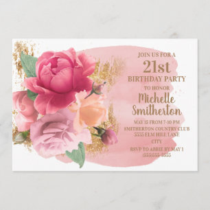 Convite Festa de Aniversário de 21 Anos com Flores Rosa e
