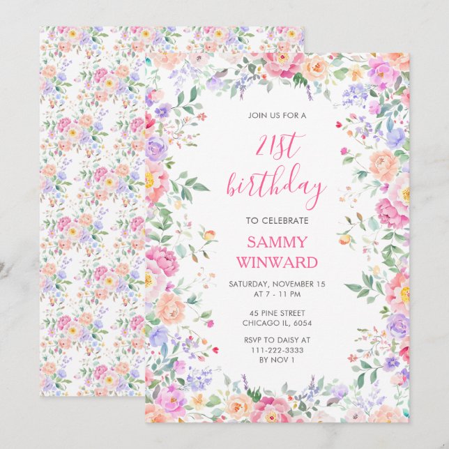 Convite Festa de Aniversário de 21 Anos com Flores Silvest (Frente/Verso)
