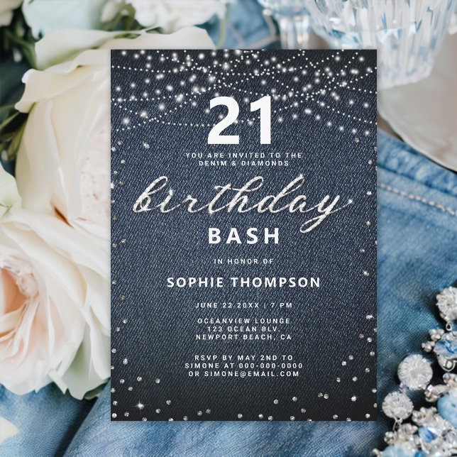 Convite Festa de aniversário de 21 anos das Luzes Russas d (denim and diamonds 21st birthday invitation for girls rustic lights simple modern classy elegant)