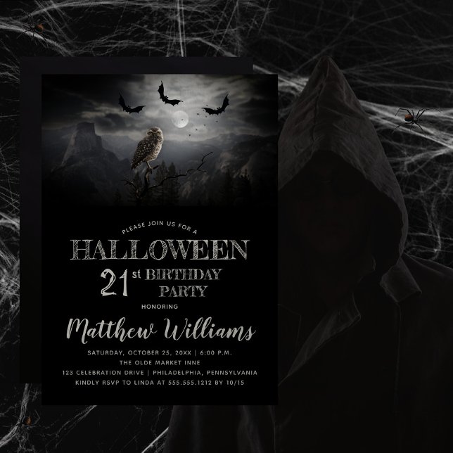 Convite Festa de aniversário de 21 anos de Halloween Noite (Beware the erie creepy, spooky night -- owl and bats Halloween-themed 21st Birthday Party design.  )
