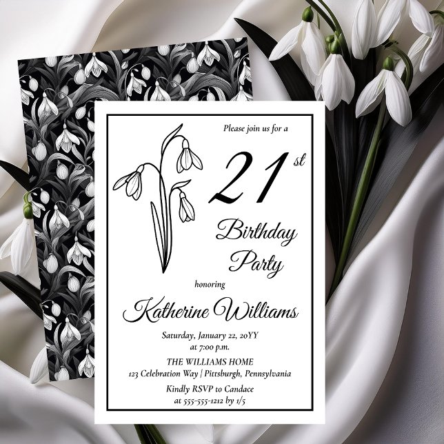 Convite Festa de aniversário de 21 anos de Neves Elegante (Elegant January Birth Month Snowdrops Floral "21st Birthday Party" Invitations -- Print | Download)