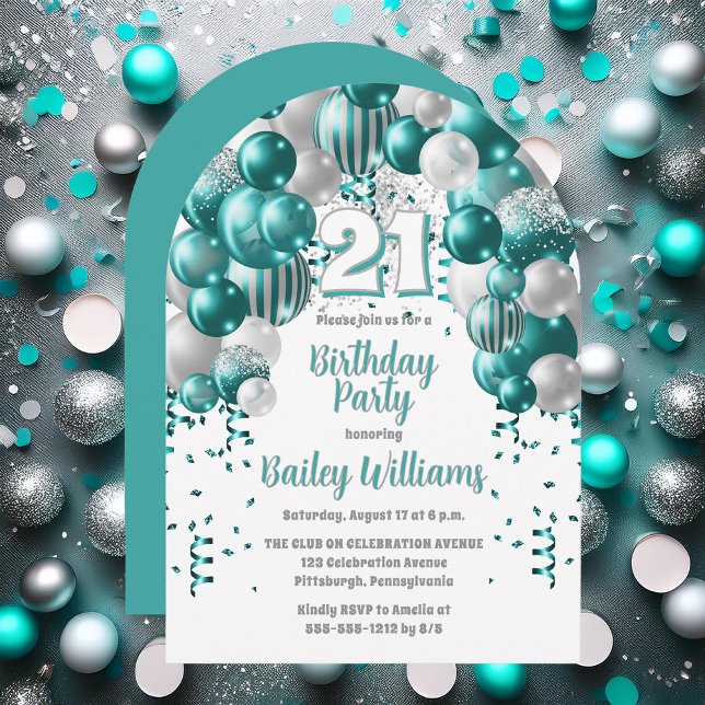 Convite Festa de aniversário de 21 anos dos Balões de Cele (Aqua | Silver Balloons "21" 21st Birthday Party Invitations - Print and/or Download Available)