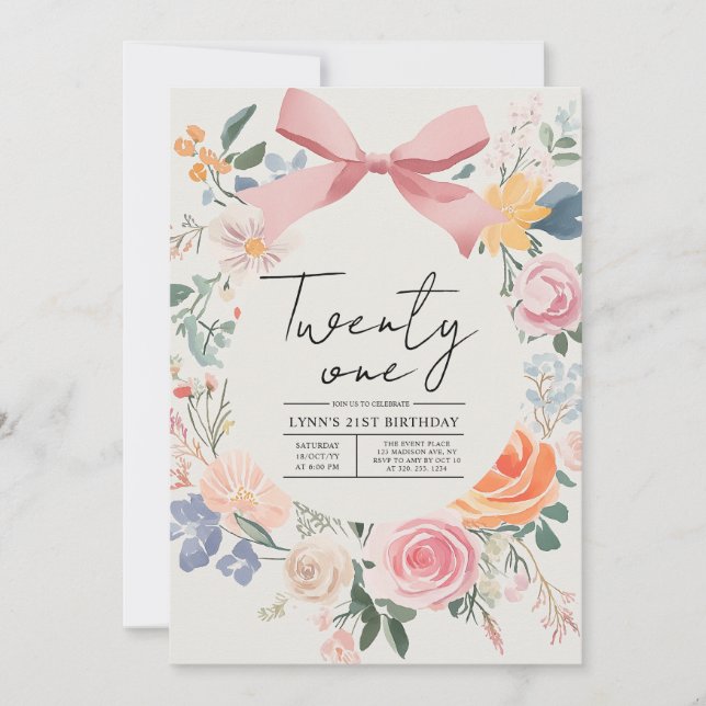Convite Festa de aniversário de 21 anos floral simples e e (Frente)