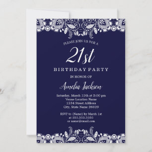 Convite Festa de Aniversário de 21 Anos Navy com Renda Bra