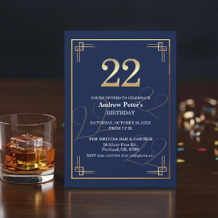 Convite Festa de Aniversário de 22 anos Elegante Azul Dour