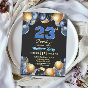 Convite Festa de Aniversário de 23 anos Azul Prata Dourado