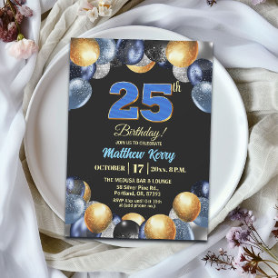Convite Festa de Aniversário de 25 anos Azul Prata Dourado