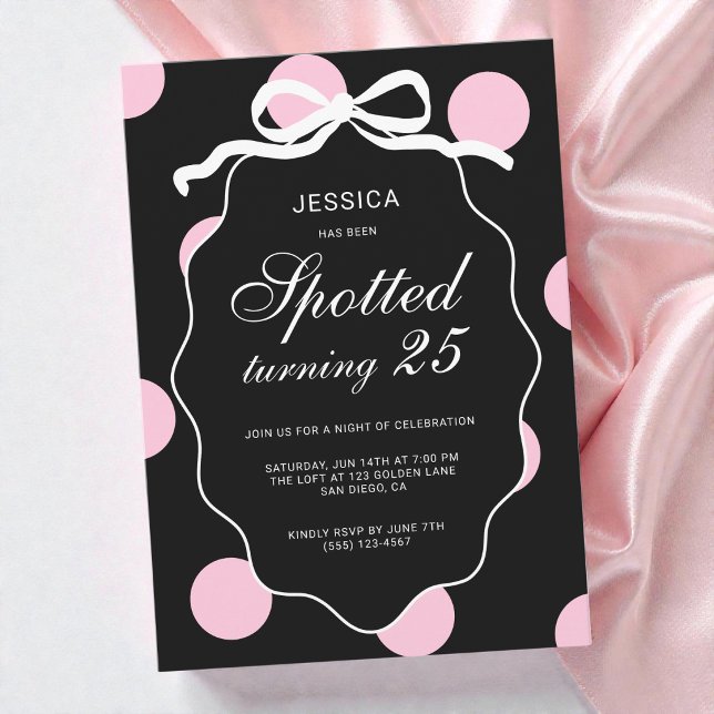 Convite Festa de Aniversário de 25 anos com Bolinhas Cor-d (Pink Polka Dot Spotted Turning 25th Birthday Party Invitation)