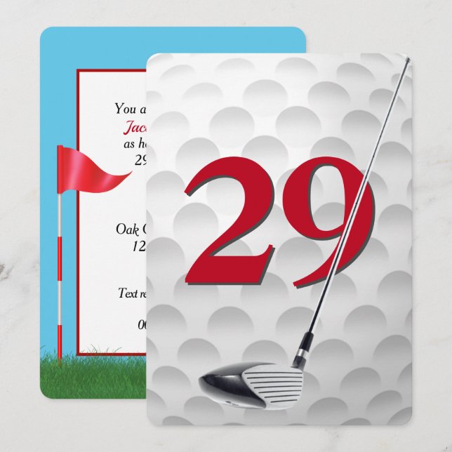 Convite Festa de Aniversário de 29 Anos com Tema de Golfe (Frente/Verso)