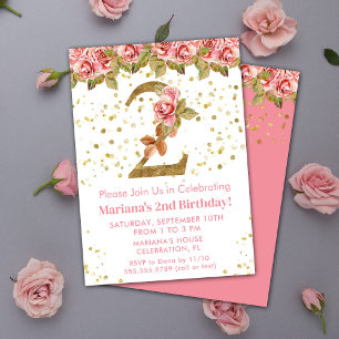Convite Festa de Aniversário de 2 anos com Rosas Rosa Flor