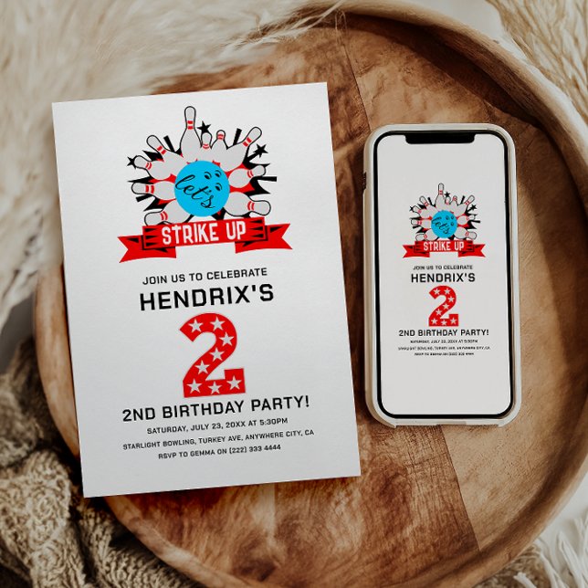 Convite Festa de Aniversário de 2 anos do Retro Bowling Ki (Retro Bowling Kids 2ND Birthday Party Invitation)