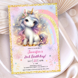 Convite Festa de Aniversário de 2 anos Girl Unicorn Rosa D