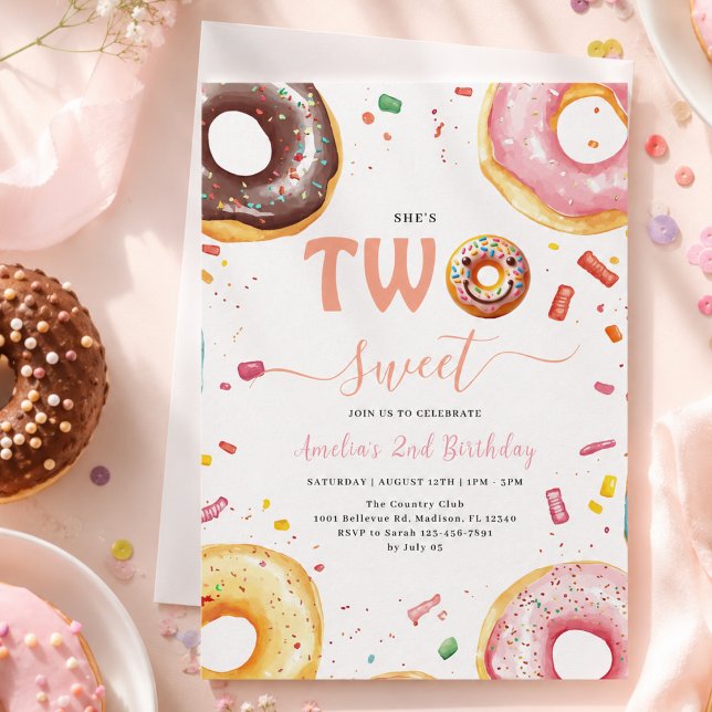 Convite Festa de Aniversário de 2 anos Two Sweet Donuts (Two Sweet Donuts 2nd Birthday party Invitation)