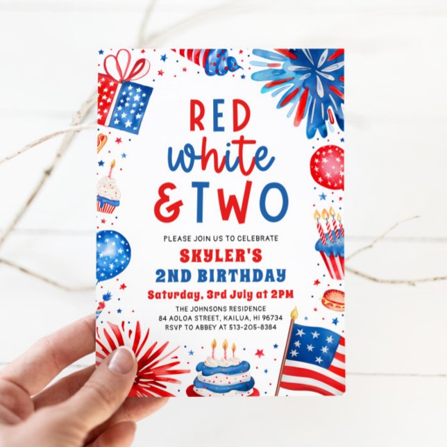Convite Festa de Aniversário de 2 anos Vermelho, Branco e  (Watercolor Partiotic Fireworks Red, White & Two 4th July 2nd Photo Birthday Party Invitation)