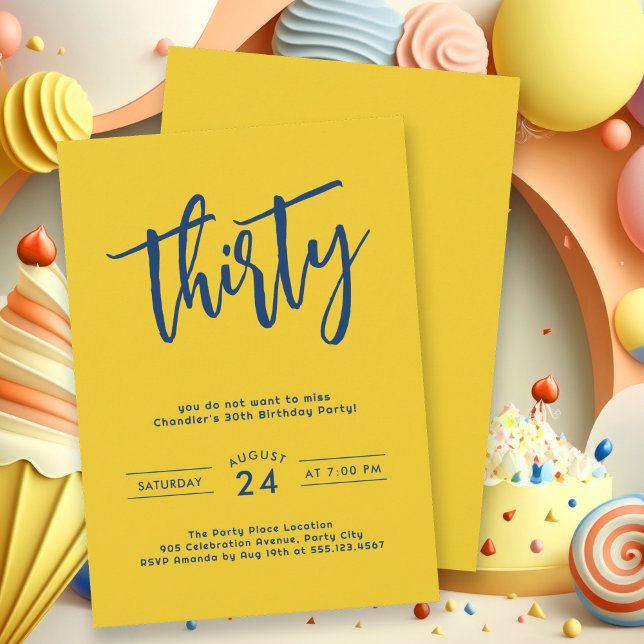 Convite Festa de aniversário de 30 anos Amarelo Simples e  (This bold yellow 30th birthday party invitation gets your party started with pizzazz.)