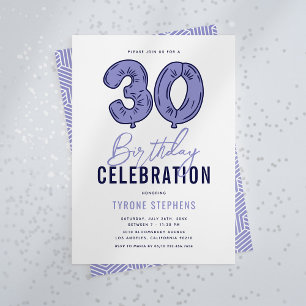 Convite Festa de Aniversário de 30 Anos Azul Moderno
