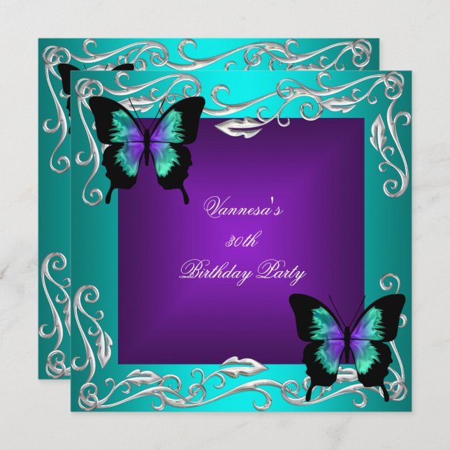 Convite Festa de Aniversário de 30 Anos Borboletas Roxo Az (Frente/Verso)