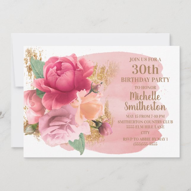 Convite Festa de Aniversário de 30 Anos com Flores Rosas e (Frente)