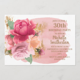 Convite Festa de Aniversário de 30 Anos com Flores Rosas e