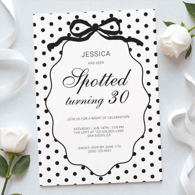 Convite Festa de Aniversário de 30 Anos com Laço de Bolinh (Polka Dot Bow Spotted Turning 30th Birthday Party Invitation)