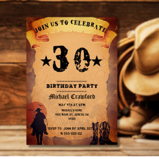 Convite Festa de aniversário de 30 anos cowboy velho papel