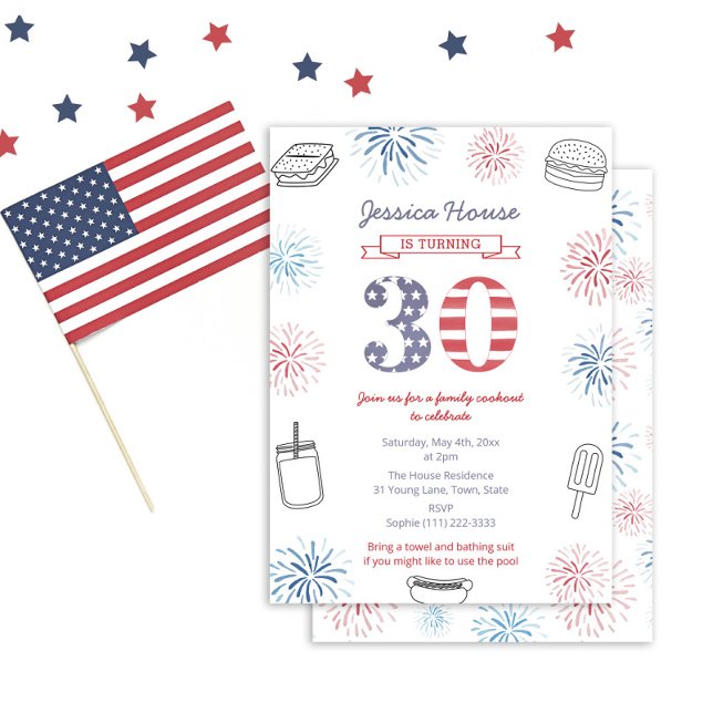 Convite Festa de aniversário de 30 anos da família Red Whi (Red White And Blue Fireworks Invitation Design For A Patriotic 30th Birthday Party)