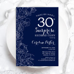 Convite Festa de aniversário de 30 anos da Surpresa Branca<br><div class="desc">Convite de festas aniversário de 30 anos azul-marinho e branco-surpresa. Design minimalista moderno com sotaques botânicos e letra de escrita tipográfica. Simples cartão de convite floral perfeito para uma festa surpresa na moda. Pode ser personalizado para qualquer idade. Impressos convites Zazzle ou modelo de impressão digital instantânea para download.</div>