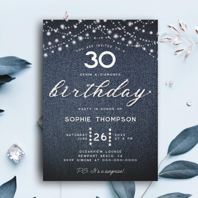 Convite Festa de aniversário de 30 anos das Luzes Russas d (denim diamonds 30th birthday invitation women rustic lights elegant modern classy modern boho)